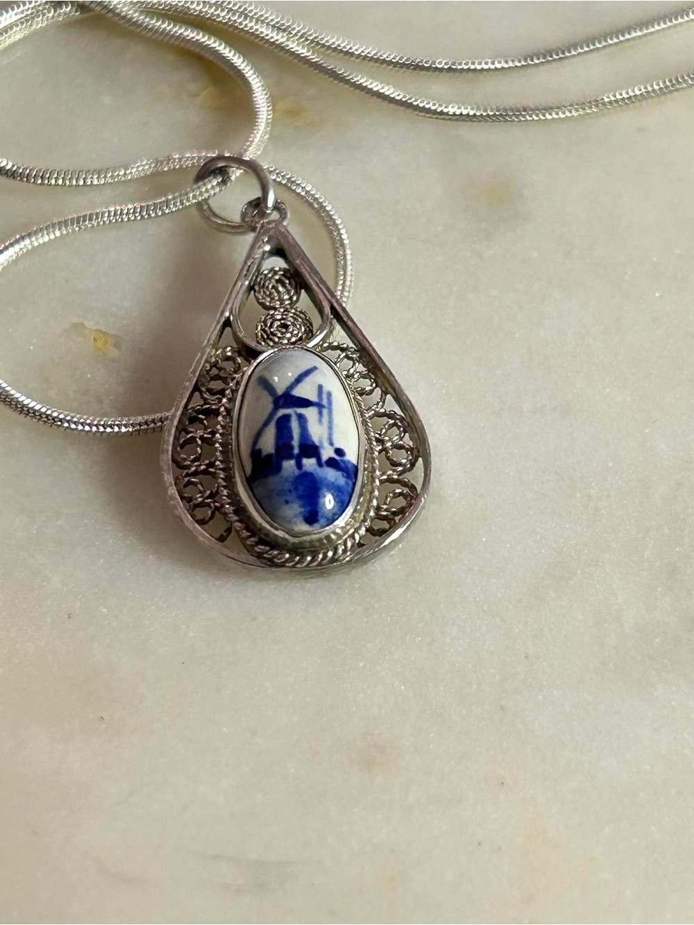 Delft Blue Windmill Filigree Necklace | 18” Sterling Chain